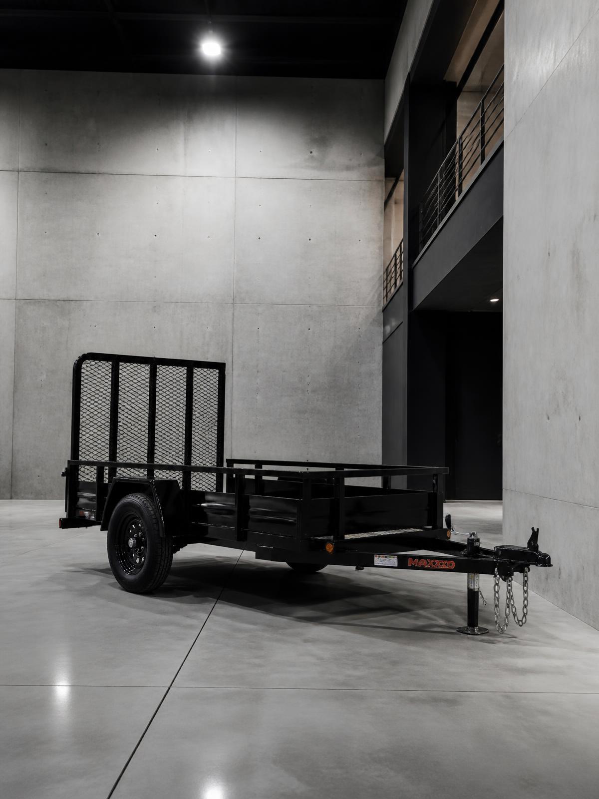 Black industrial utility trailer parked in a concrete rental hub